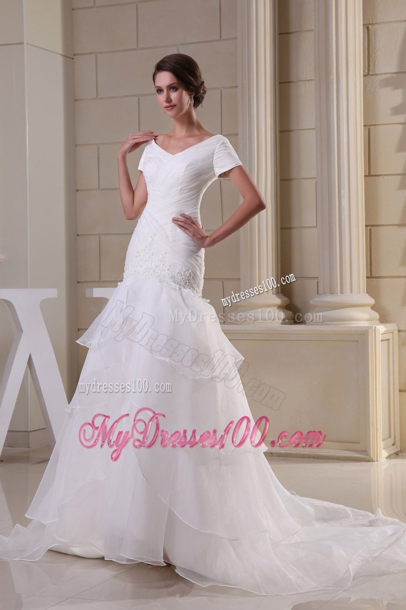 Short Sleeve Off-the-shoulder White Wedding Dress Ruche Appliques