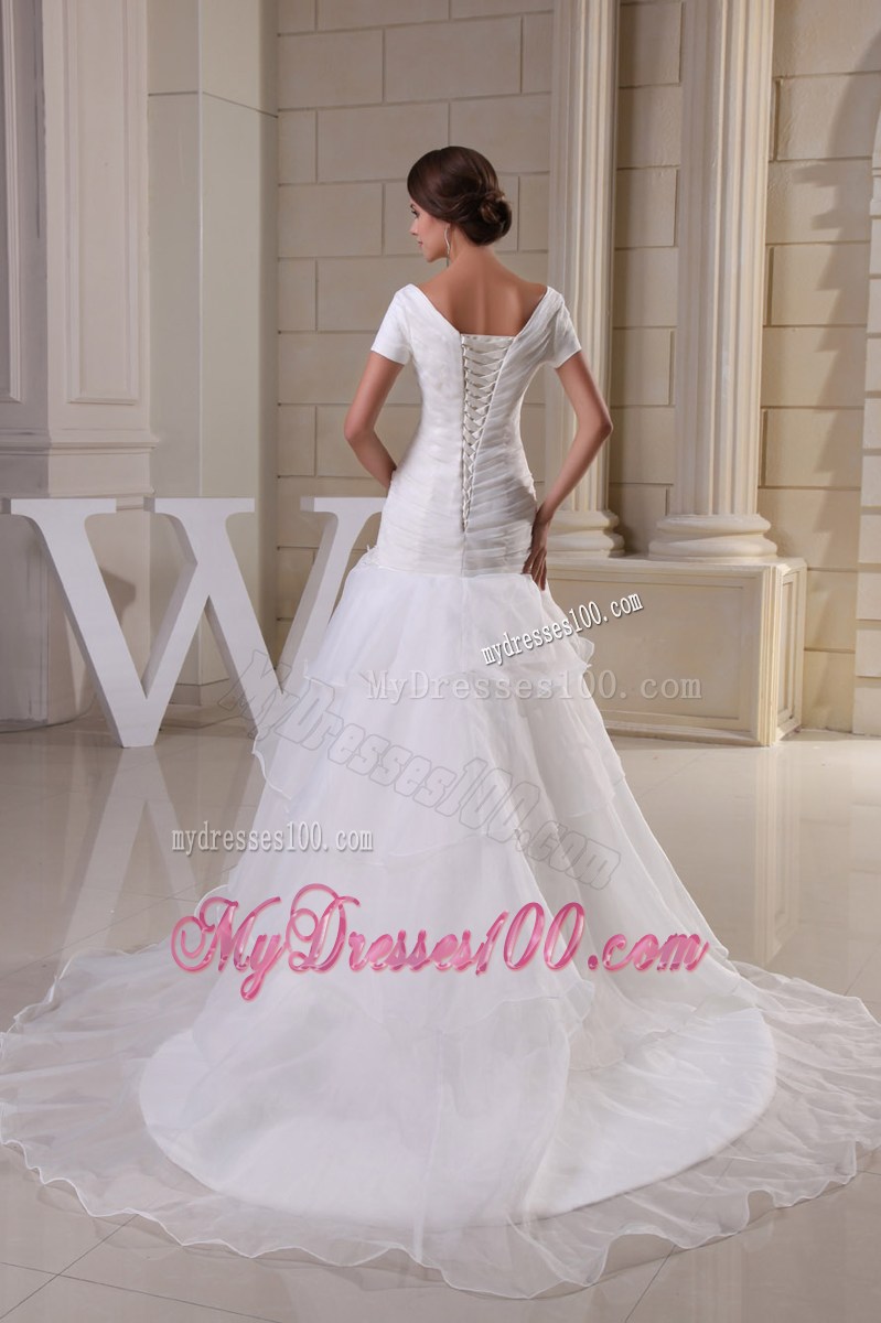 Short Sleeve Off-the-shoulder White Wedding Dress Ruche Appliques