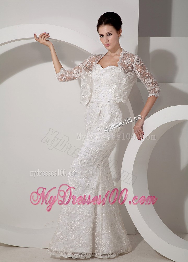 Sweetheart Lace Flowers Trumpet Bridal Gowns with Half Sleeves Jacket