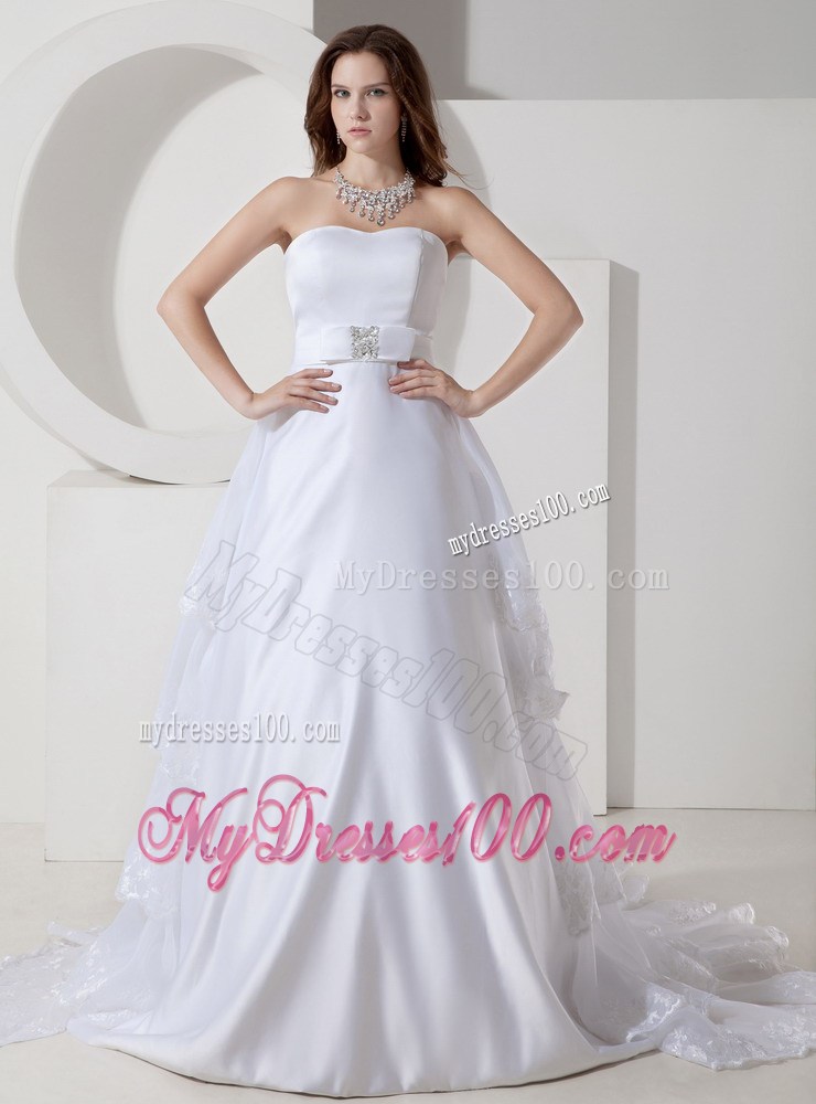 Modest Tiers Court Train Bridal Dresses with Beaded Sash and Lace Hemline