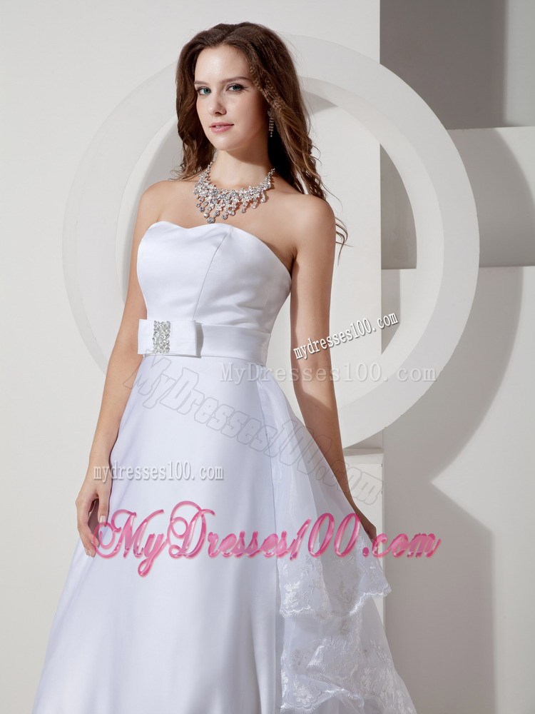 Modest Tiers Court Train Bridal Dresses with Beaded Sash and Lace Hemline