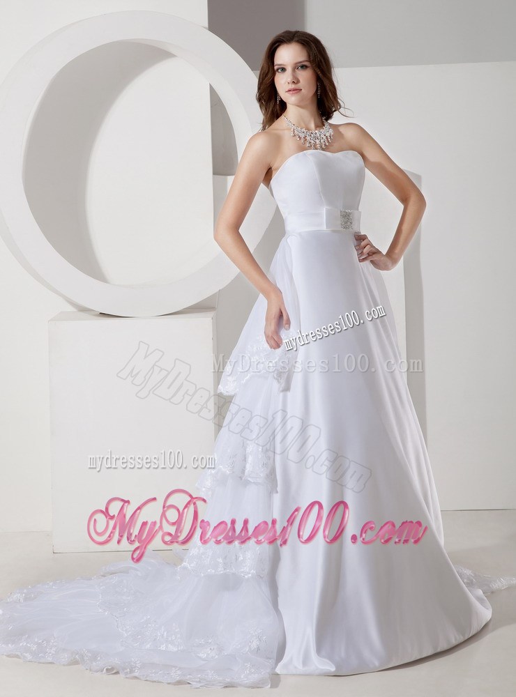 Modest Tiers Court Train Bridal Dresses with Beaded Sash and Lace Hemline