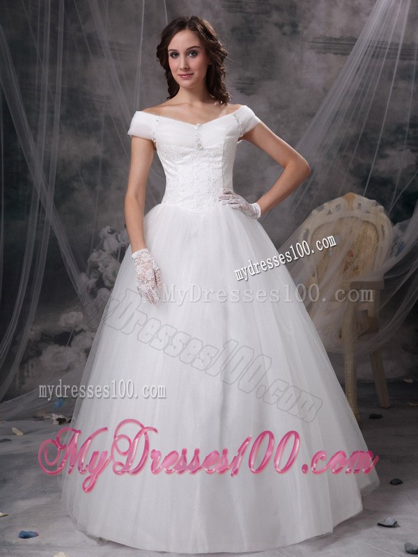 Appliques Accent Floor-length Tulle Wedding Dress Off Shoulder