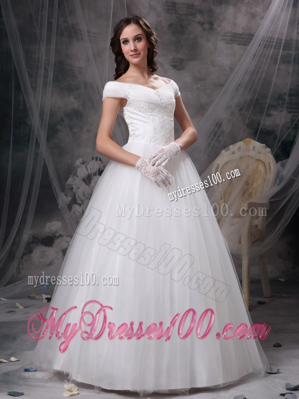 Appliques Accent Floor-length Tulle Wedding Dress Off Shoulder