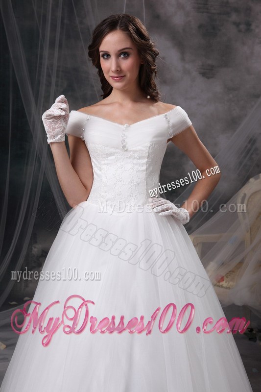 Appliques Accent Floor-length Tulle Wedding Dress Off Shoulder