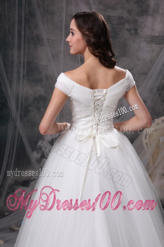 Appliques Accent Floor-length Tulle Wedding Dress Off Shoulder