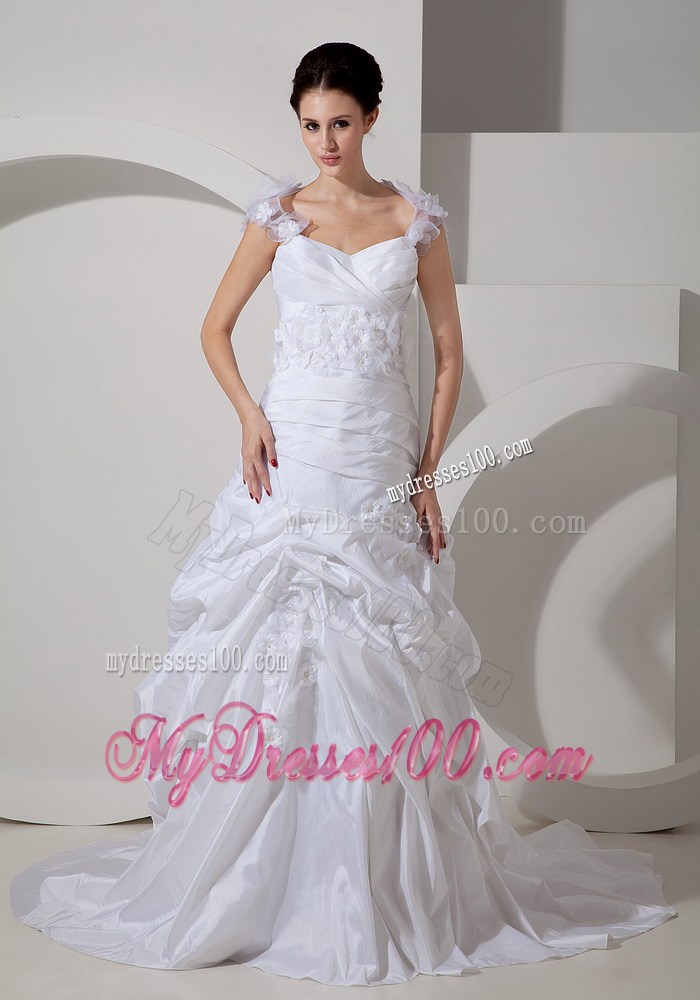 Detachable Small Hand Made Flowers Ruched Court Train Wedding Dresses