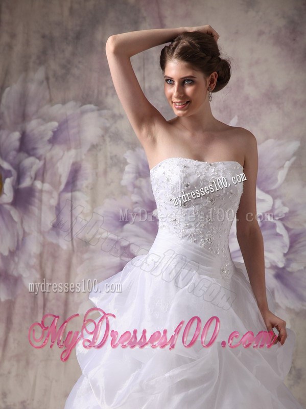 Sophisticated Strapless White Dress for Bride with Pick-ups Appliques