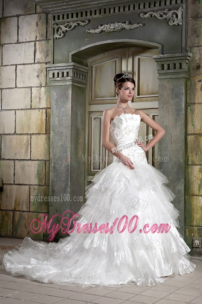 Beaded Appliques and Ruffles Accent Wedding Dresses with Chapel Train