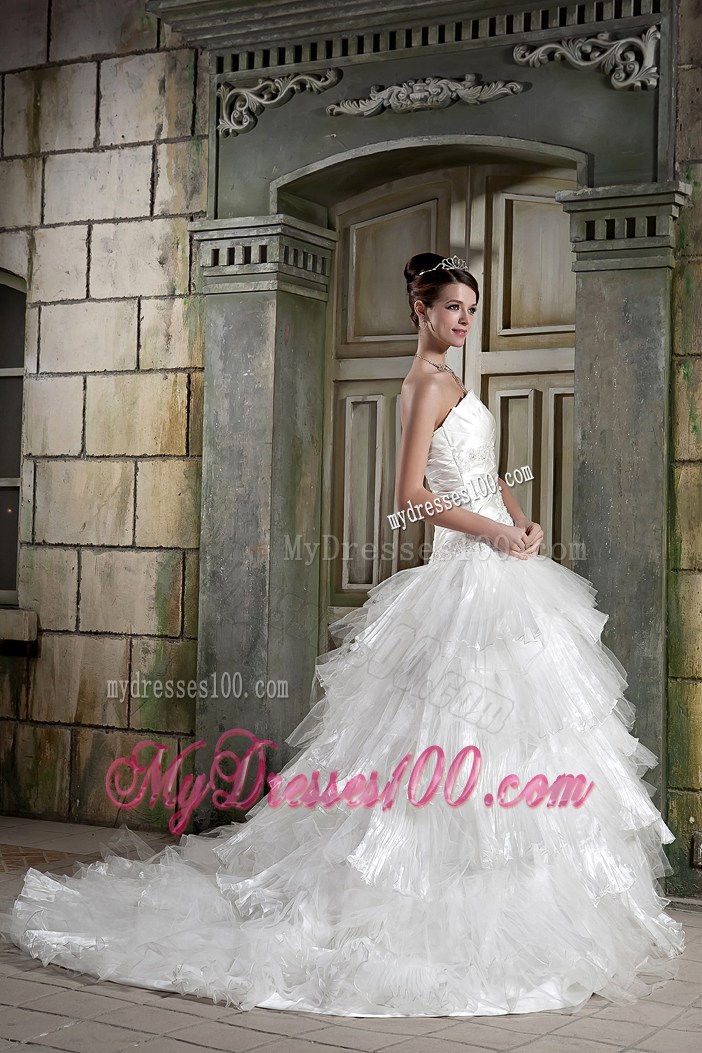 Beaded Appliques and Ruffles Accent Wedding Dresses with Chapel Train