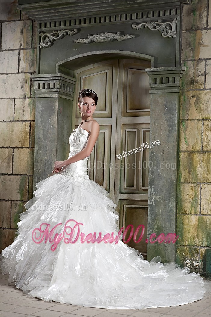 Beaded Appliques and Ruffles Accent Wedding Dresses with Chapel Train