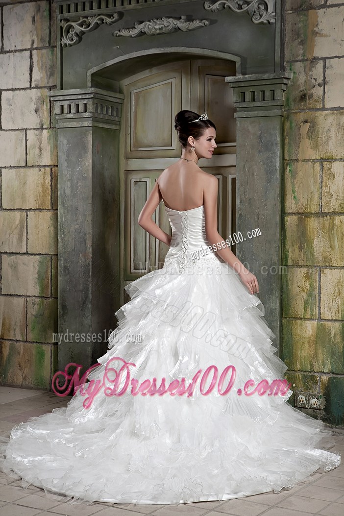 Beaded Appliques and Ruffles Accent Wedding Dresses with Chapel Train