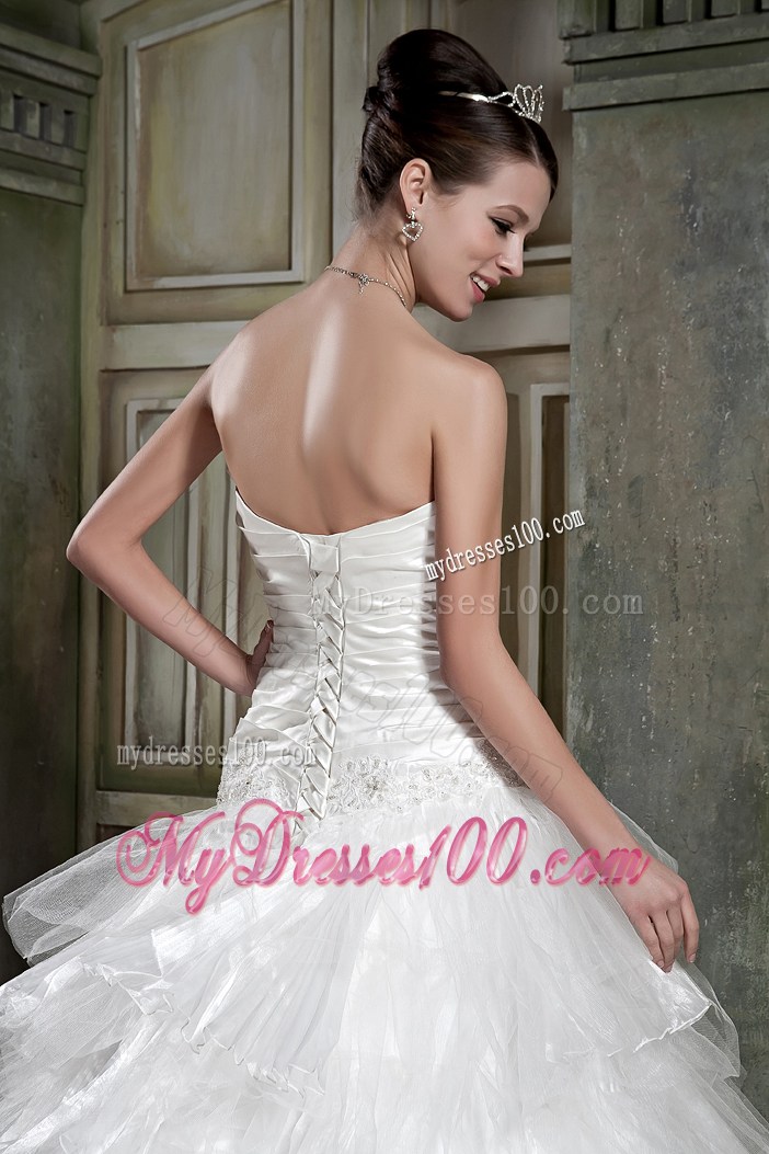 Beaded Appliques and Ruffles Accent Wedding Dresses with Chapel Train