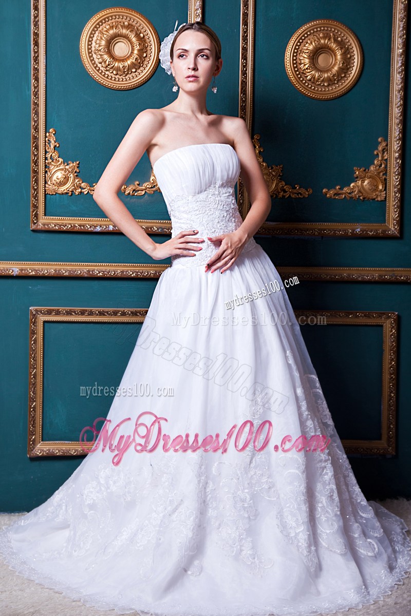 Zipper-up Back Appliques Bridal Gown with Lace Flowers Hemline