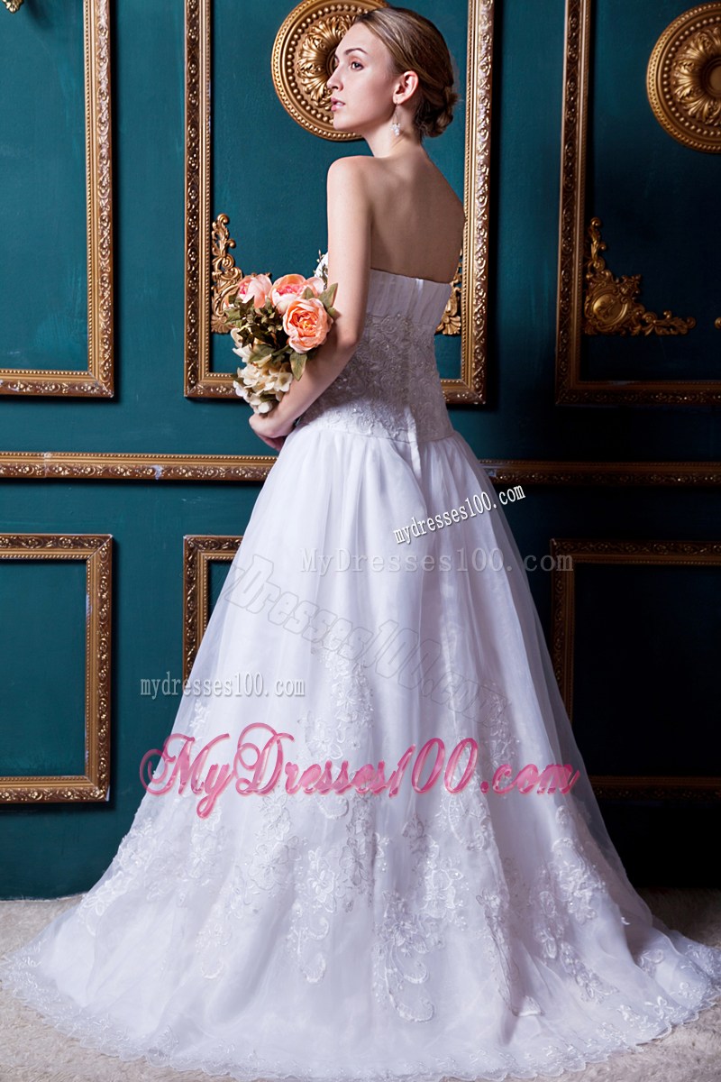Zipper-up Back Appliques Bridal Gown with Lace Flowers Hemline