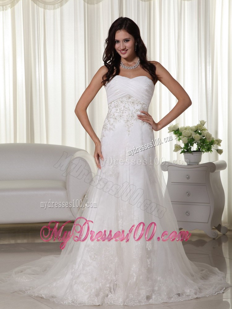 Ruching Beading and Floral Appliques Decorated Brush Train Bridal Dress