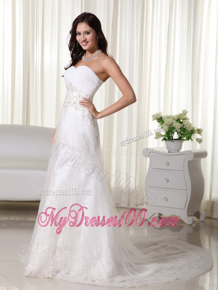 Ruching Beading and Floral Appliques Decorated Brush Train Bridal Dress