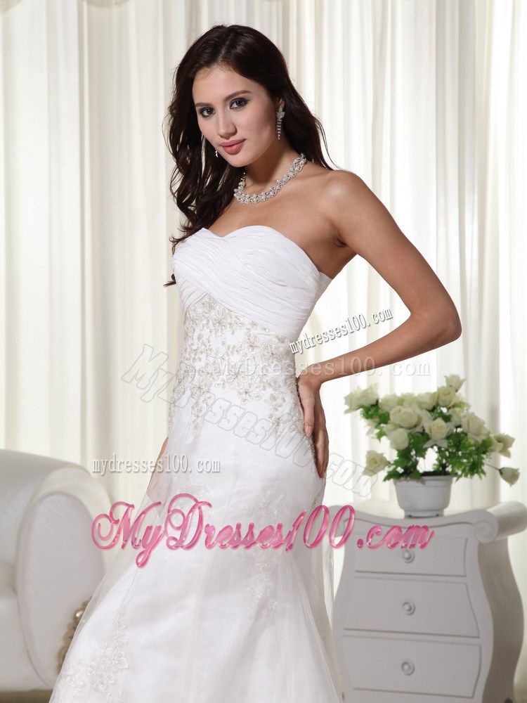 Ruching Beading and Floral Appliques Decorated Brush Train Bridal Dress