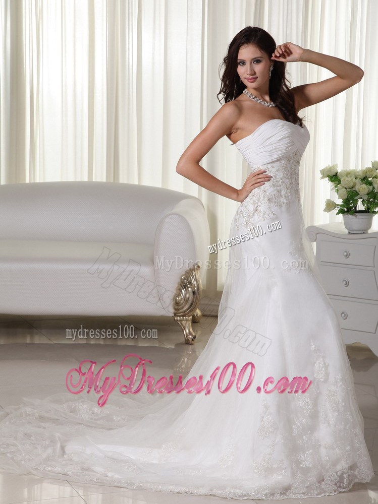Ruching Beading and Floral Appliques Decorated Brush Train Bridal Dress