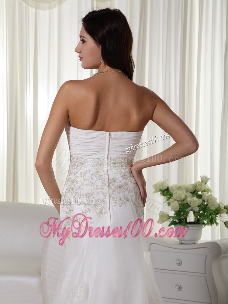 Ruching Beading and Floral Appliques Decorated Brush Train Bridal Dress