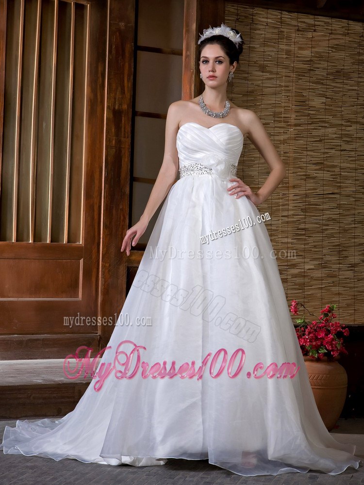 A-line Sweetheart Ruche Beaded White Wedding Dress Court Train