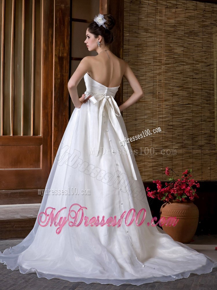 A-line Sweetheart Ruche Beaded White Wedding Dress Court Train