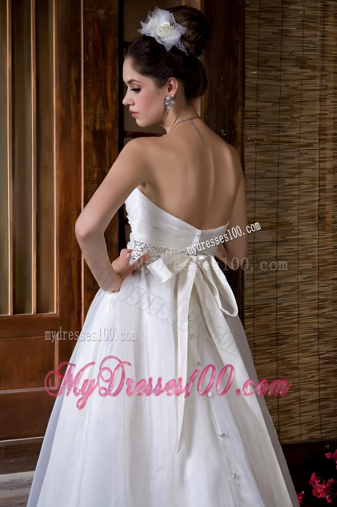 A-line Sweetheart Ruche Beaded White Wedding Dress Court Train