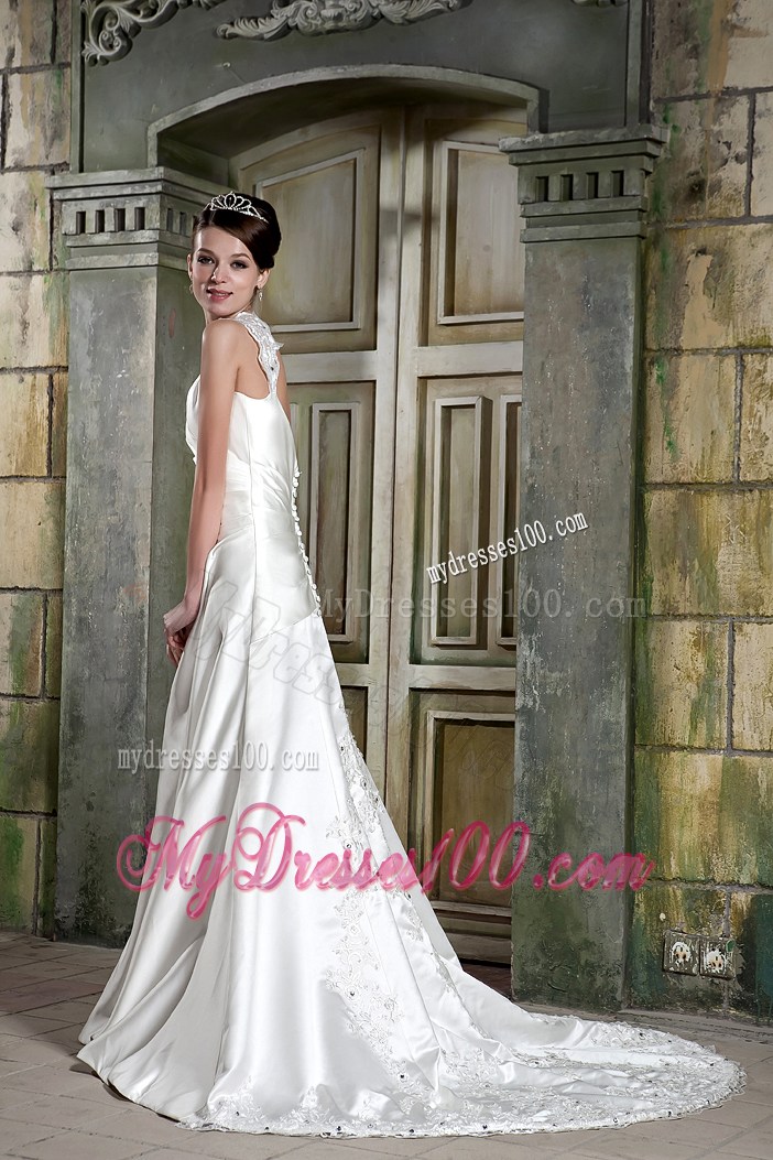 V-neck Court Train Clasp Handle Bridal Gown with the Back Cut Out