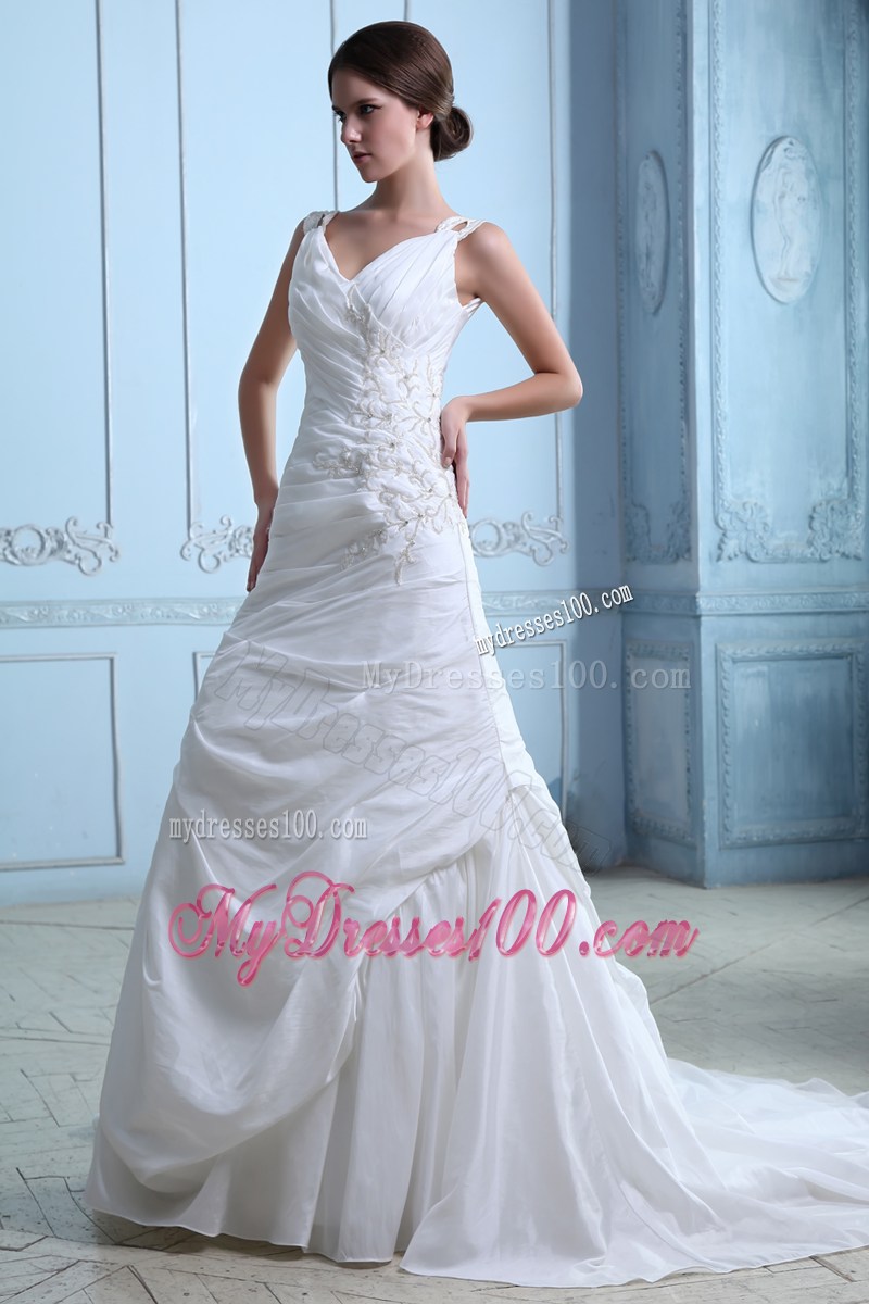 V-neck Appliques and Ruches Accent Court Train Taffeta Bridal Gown