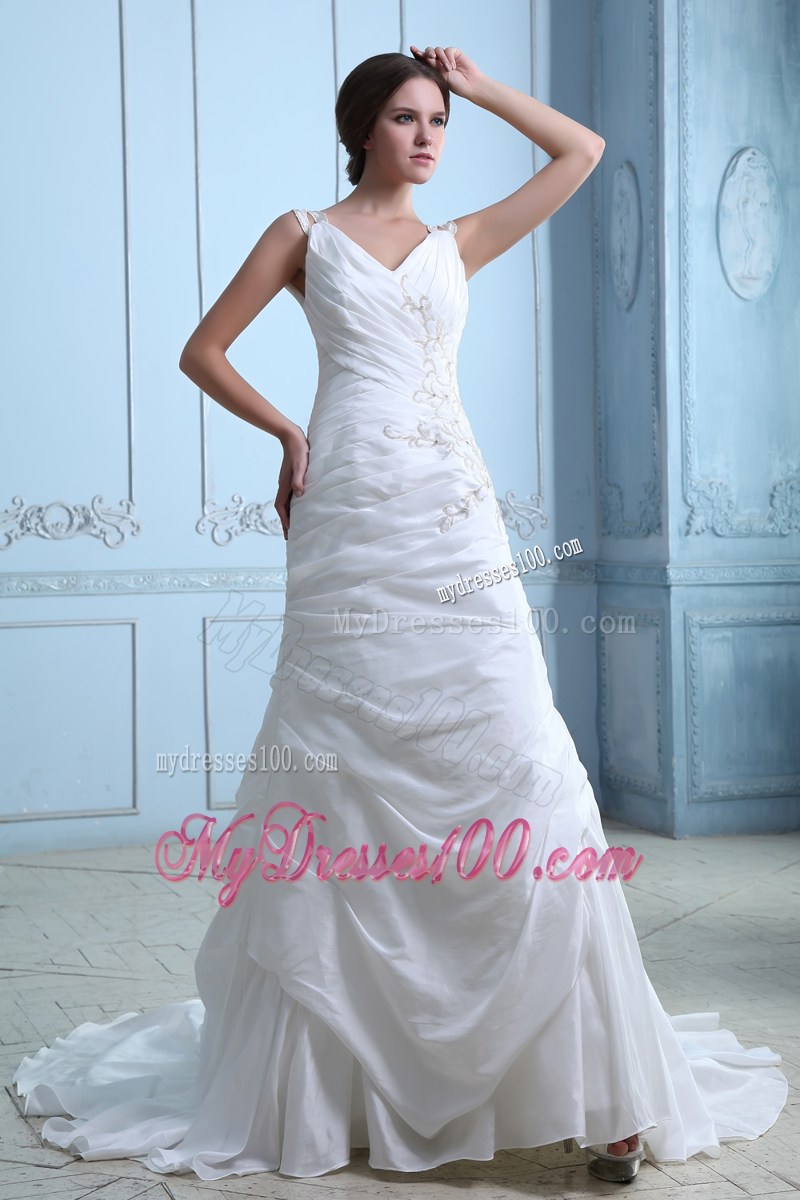 V-neck Appliques and Ruches Accent Court Train Taffeta Bridal Gown