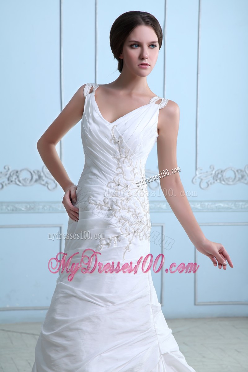 V-neck Appliques and Ruches Accent Court Train Taffeta Bridal Gown
