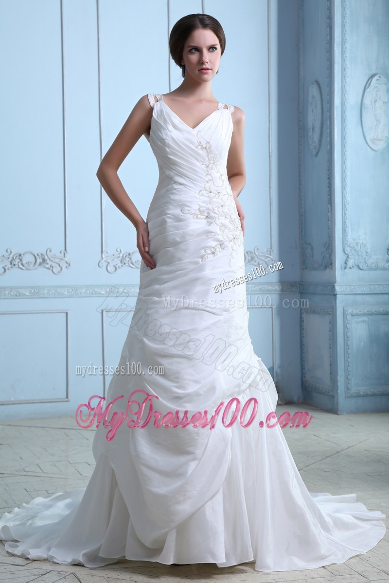 V-neck Appliques and Ruches Accent Court Train Taffeta Bridal Gown