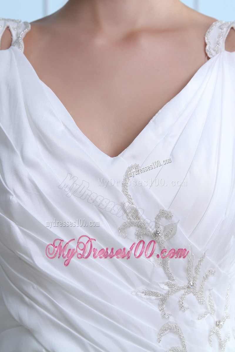V-neck Appliques and Ruches Accent Court Train Taffeta Bridal Gown