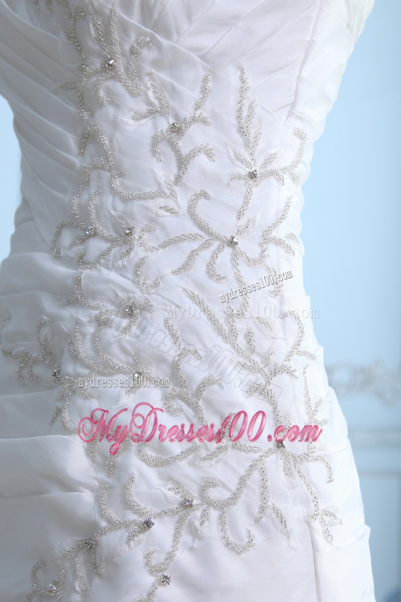 V-neck Appliques and Ruches Accent Court Train Taffeta Bridal Gown