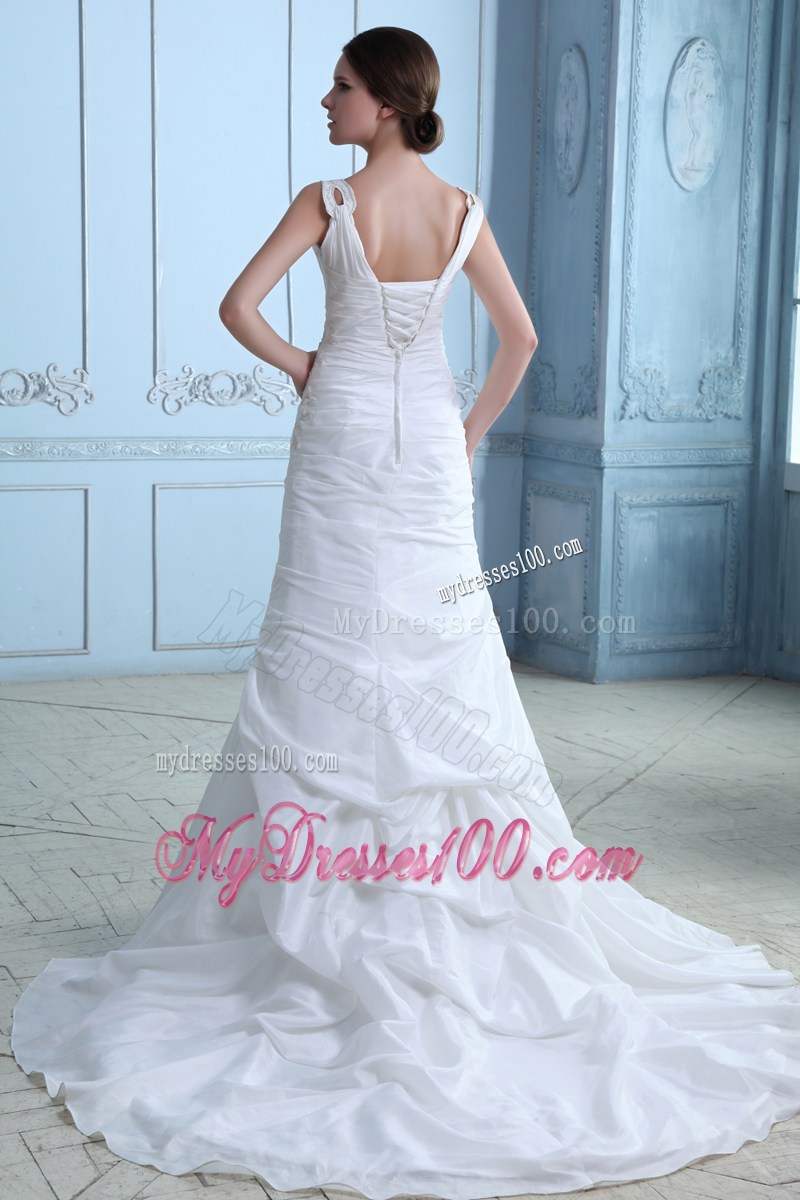 V-neck Appliques and Ruches Accent Court Train Taffeta Bridal Gown