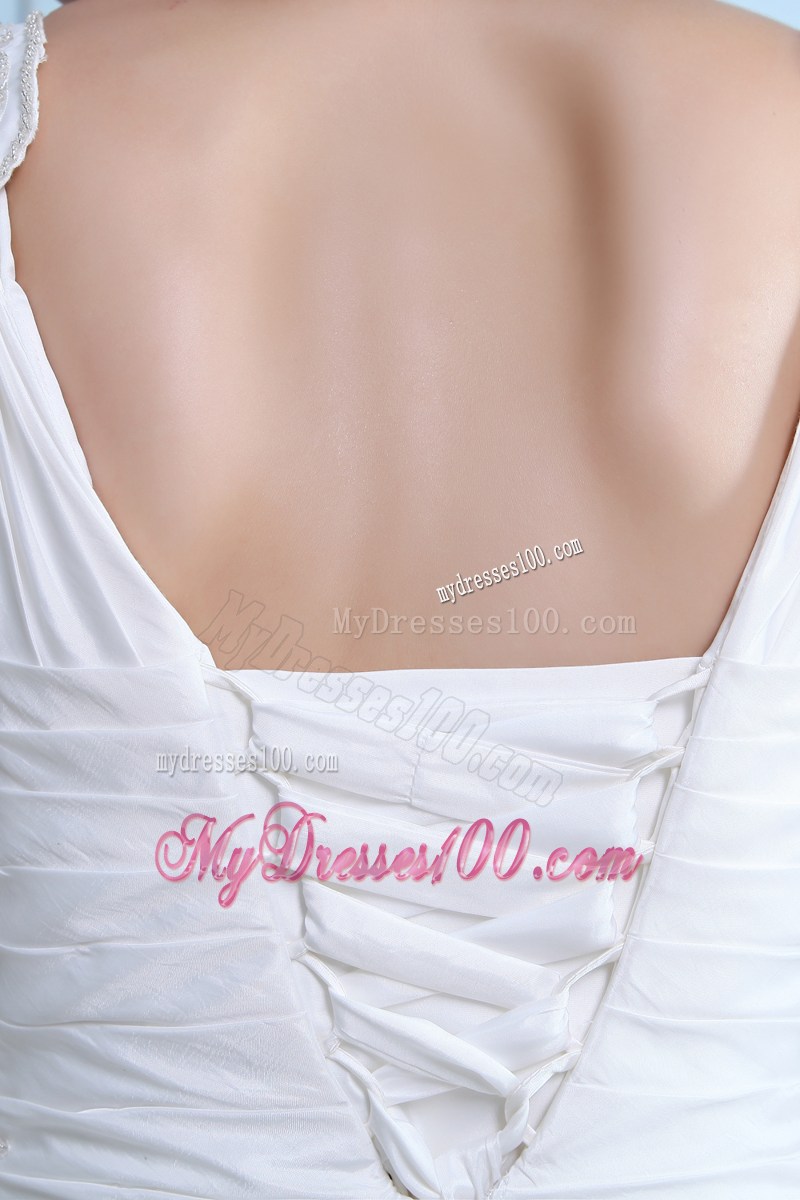 V-neck Appliques and Ruches Accent Court Train Taffeta Bridal Gown