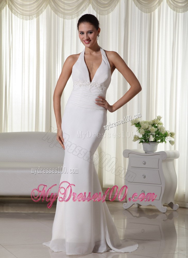 Halter Top Plunging Neckline Clasp Handle Chiffon Brush Train Bridal Dress
