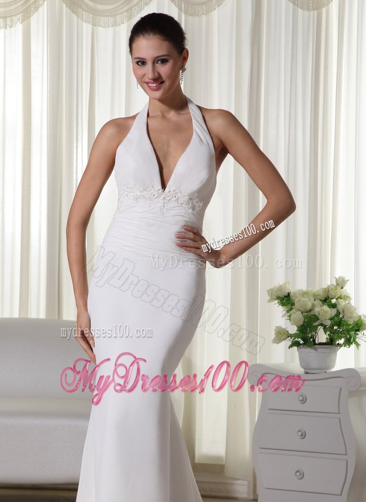 Halter Top Plunging Neckline Clasp Handle Chiffon Brush Train Bridal Dress