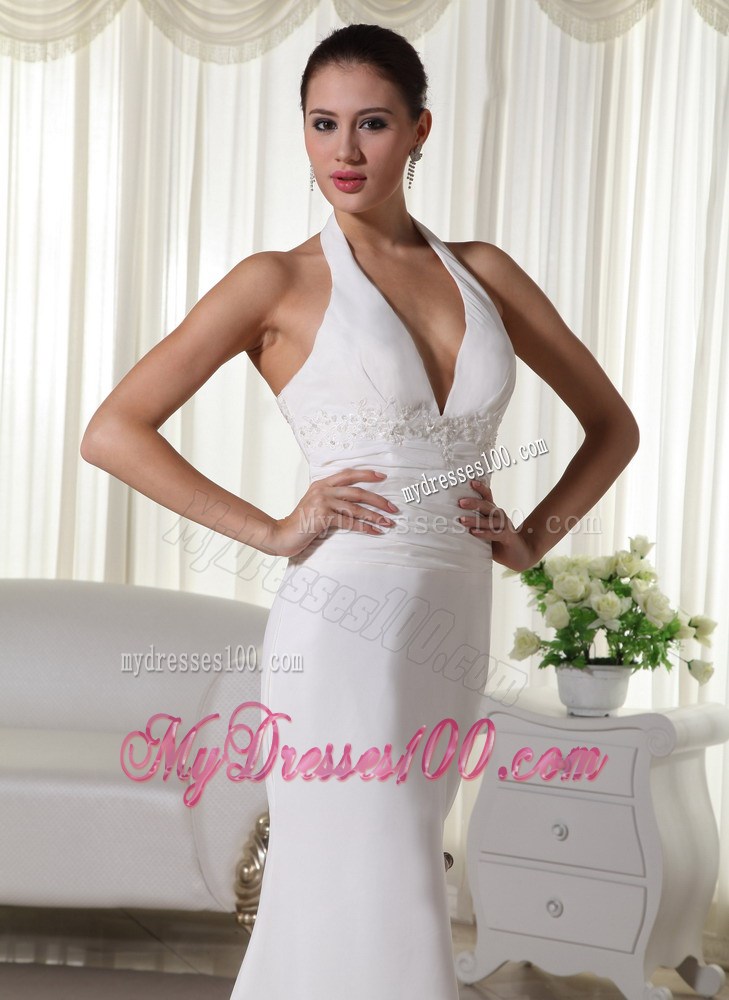 Halter Top Plunging Neckline Clasp Handle Chiffon Brush Train Bridal Dress