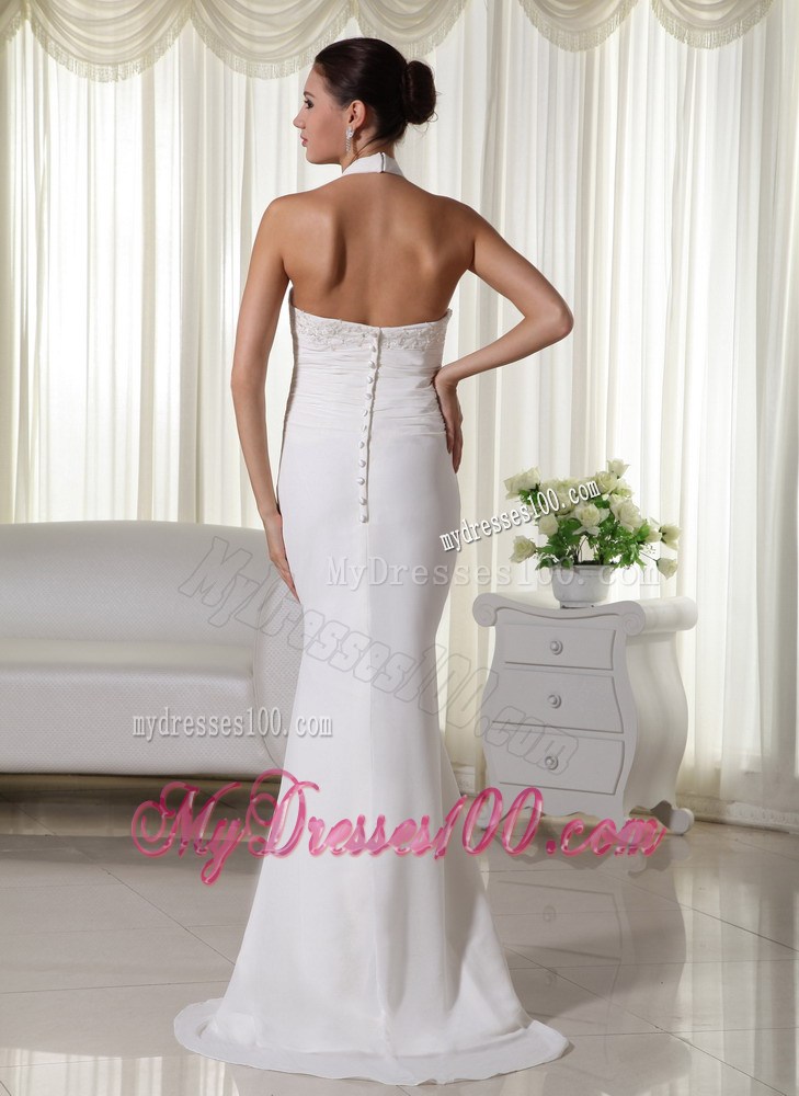 Halter Top Plunging Neckline Clasp Handle Chiffon Brush Train Bridal Dress