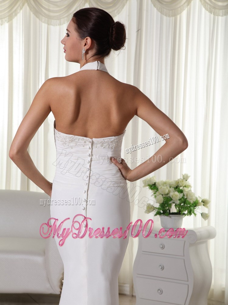 Halter Top Plunging Neckline Clasp Handle Chiffon Brush Train Bridal Dress