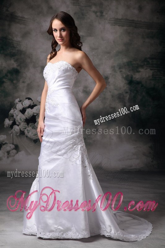 Beautiful Appliques Court Train White Wedding Dress with Ruche