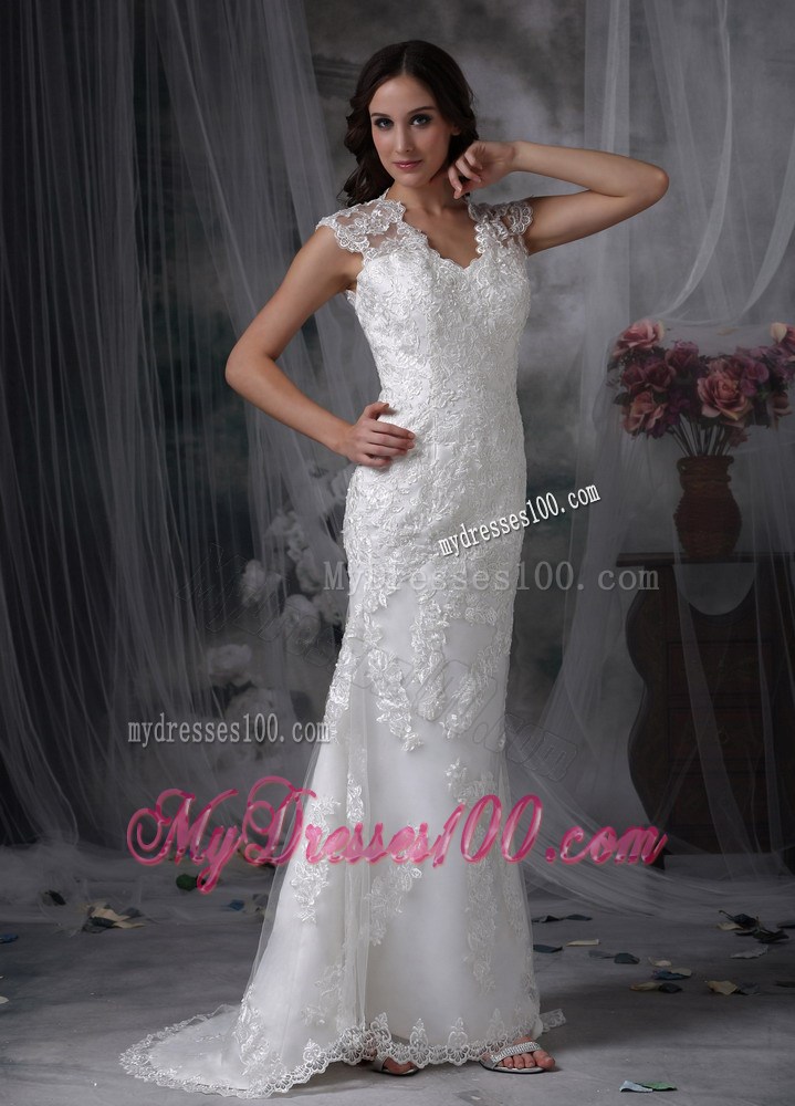 Asymmetrical Lace Flowers U-neck Bridal Gowns with Hollow Out Back