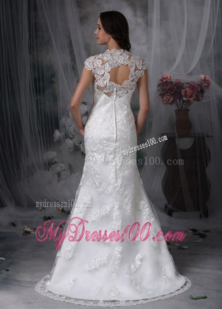 Asymmetrical Lace Flowers U-neck Bridal Gowns with Hollow Out Back