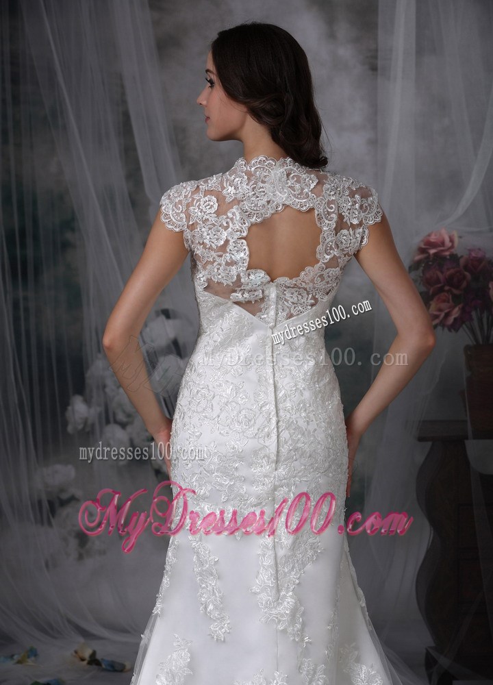 Asymmetrical Lace Flowers U-neck Bridal Gowns with Hollow Out Back