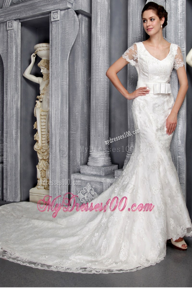 Elegant V-neck Half-sleeve Cathedral Train White Lace Wedding Gown