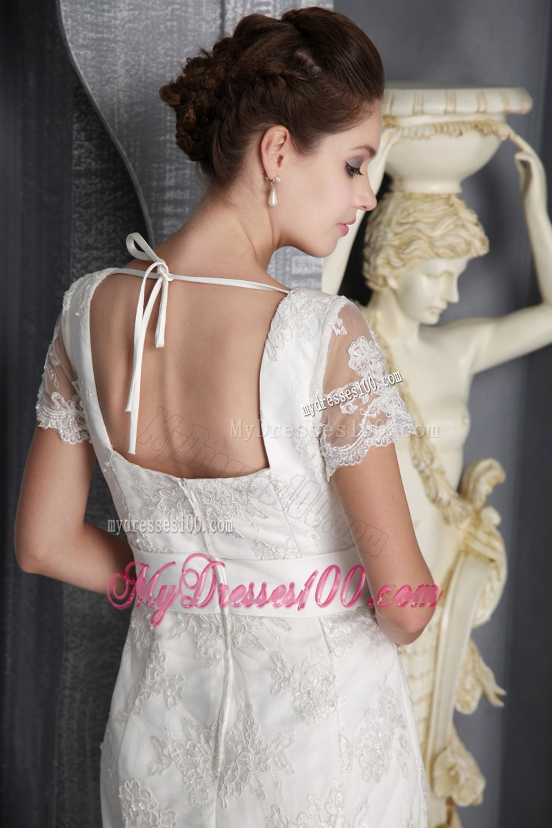 Elegant V-neck Half-sleeve Cathedral Train White Lace Wedding Gown