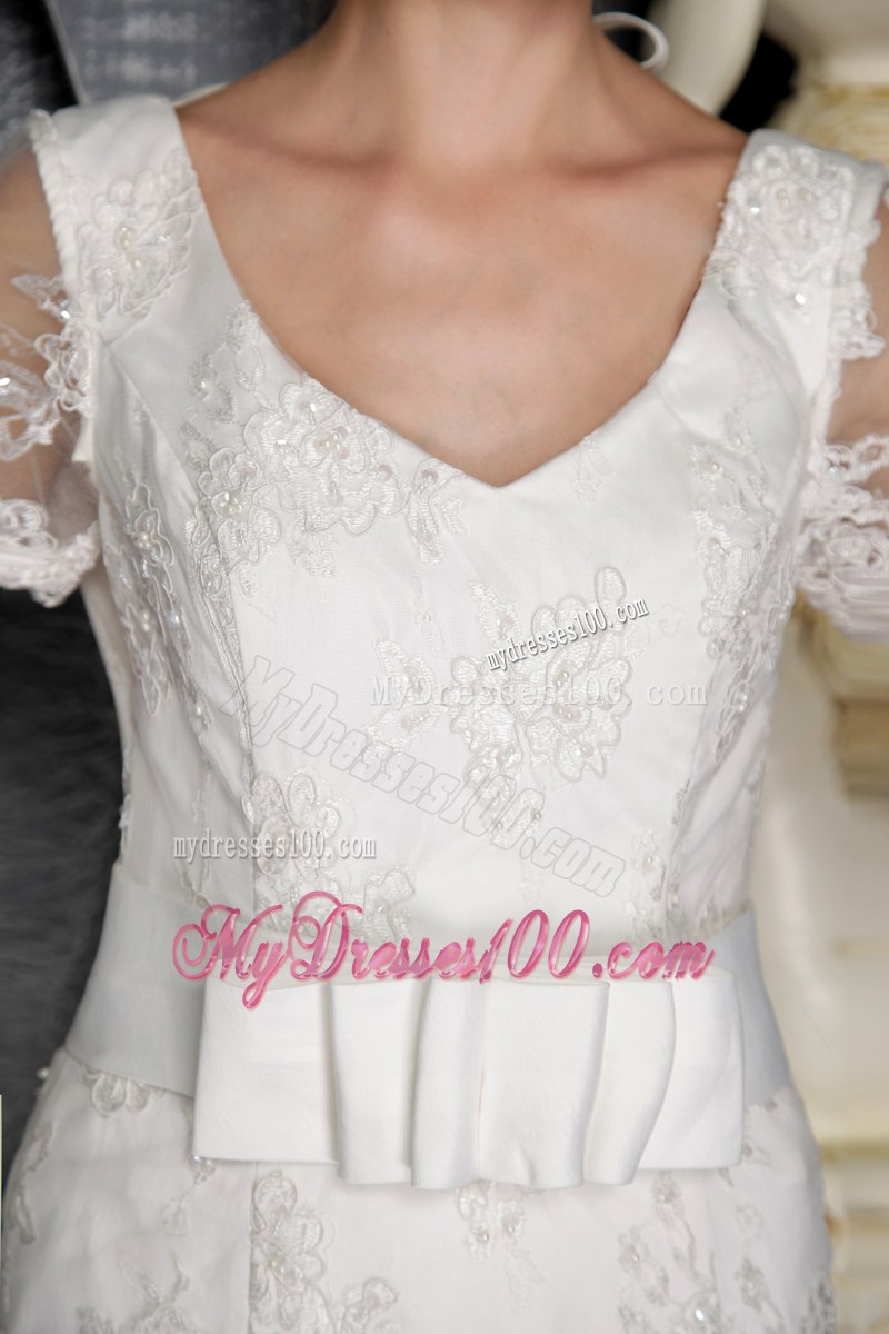 Elegant V-neck Half-sleeve Cathedral Train White Lace Wedding Gown