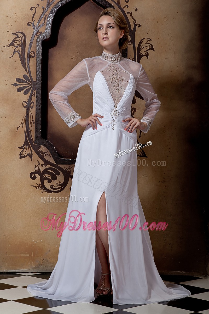 Sheer High-neck Long Sleeves Slit Brush Train Back Out Bridal Dress