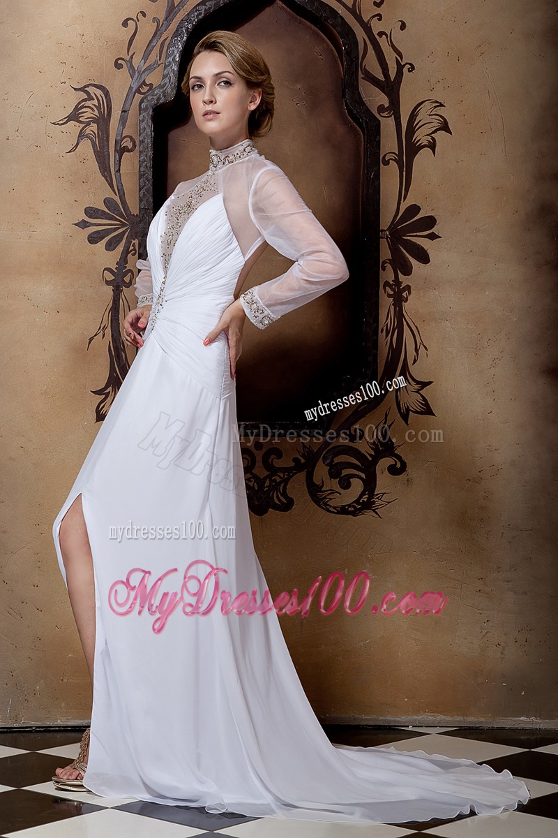 Sheer High-neck Long Sleeves Slit Brush Train Back Out Bridal Dress